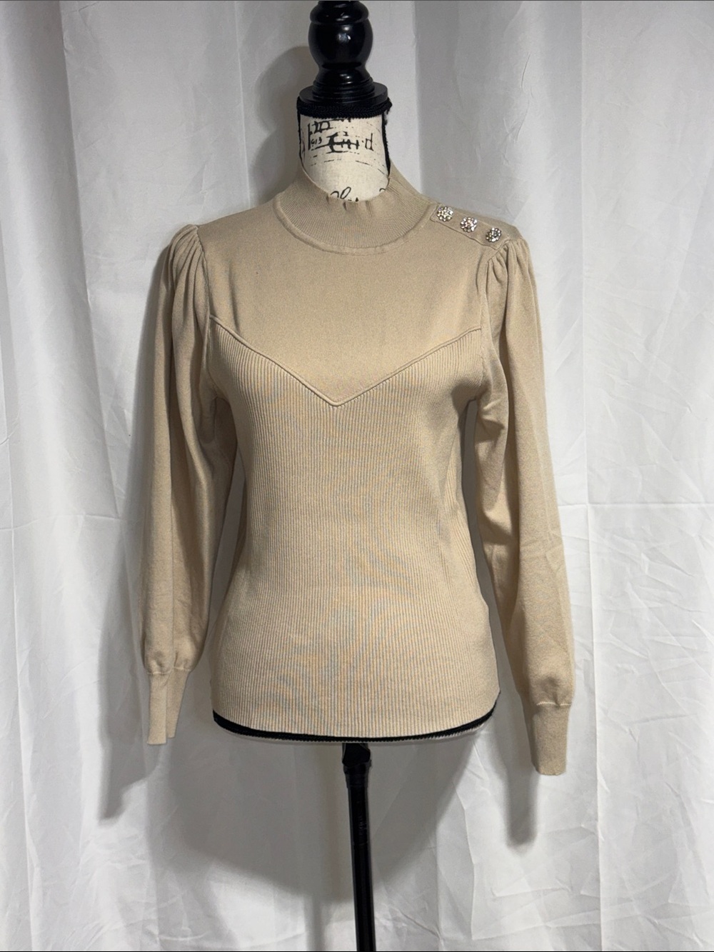 Alice Blue Beige Long-Sleeve Knit Top with Decorative Shoulder Buttons